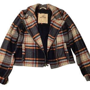 Hollister Women's Plaid Jacket - Navy and Cream